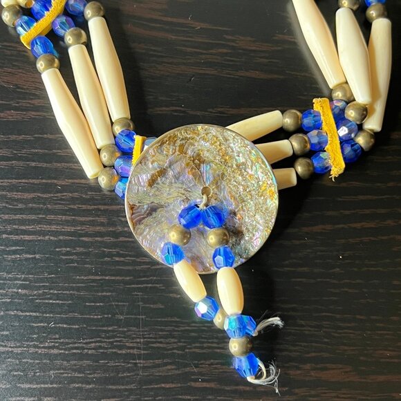 Vintage‎ Bone Hairpipe Bead Choker Necklace Blue Glass Brass Shell Disk Pendant - Picture 2 of 9